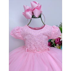 Vestido Infantil Rosa Com Renda Strass e Pérolas