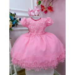 Vestido Infantil Rosa Chiclete Aplique Flores Renda Pérolas