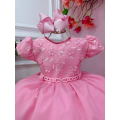 Vestido Infantil Rosa Chiclete Aplique Flores Renda Pérolas