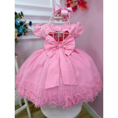Vestido Infantil Rosa Chiclete Aplique Flores Renda Pérolas