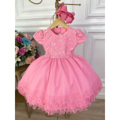 Vestido Infantil Rosa Chiclete Aplique Flores Renda Pérolas