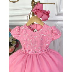 Vestido Infantil Rosa Chiclete Aplique Flores Renda Pérolas