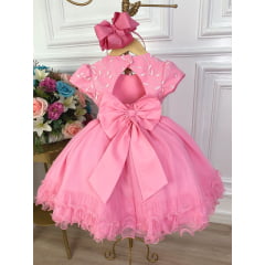 Vestido Infantil Rosa Chiclete Aplique Flores Renda Pérolas