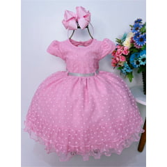 Vestido Infantil Rosa Chiclete C/ Bolinhas Peito Strass