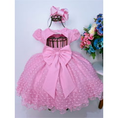 Vestido Infantil Rosa Chiclete C/ Bolinhas Peito Strass