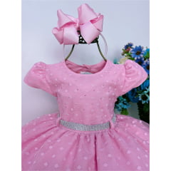 Vestido Infantil Rosa Chiclete C/ Bolinhas Peito Strass