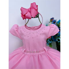 Vestido Infantil Rosa Chiclete Busto Com Strass e Pérolas