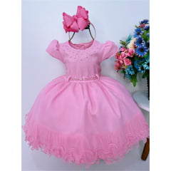 Vestido Infantil Rosa Chiclete Busto Com Strass e Pérolas