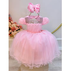 Vestido Infantil Rosa Claro Busto Com Apliques Daminhas