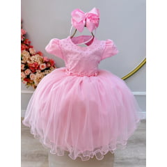 Vestido Infantil Rosa Claro Busto Com Pérolas Daminhas