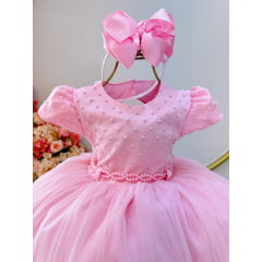 Vestido Infantil Rosa Claro Busto Com Pérolas Daminhas