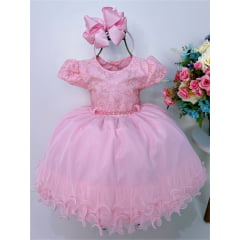 Vestido Infantil Rosa Com Renda e Cinto de Pérolas Luxo