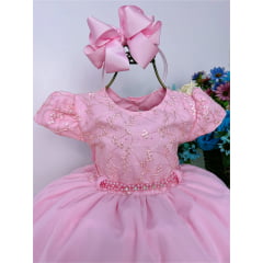 Vestido Infantil Rosa Com Renda e Cinto de Pérolas Luxo