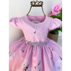 Vestido Infantil Rosa Flores Luxo Aplique Strass Princesas