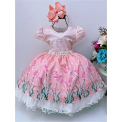 Vestido Infantil Rosa Flores Tulipas Cinto de Pérolas
