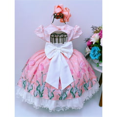 Vestido Infantil Rosa Flores Tulipas Cinto de Pérolas