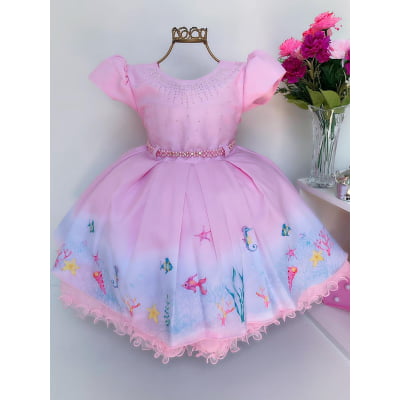 Vestido Infantil Rosa Fundo do Mar Luxo Princesas Festas