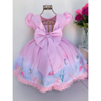 Vestido Infantil Rosa Fundo do Mar Luxo Princesas Festas