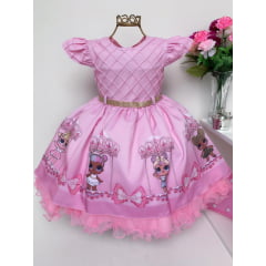 Vestido Infantil Rosa LOL Princesas Luxo Cinto Strass