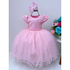 Vestido Infantil Rosa Realeza Cinto Pérola Luxo