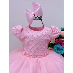 Vestido Infantil Rosa Realeza Cinto Pérola Luxo