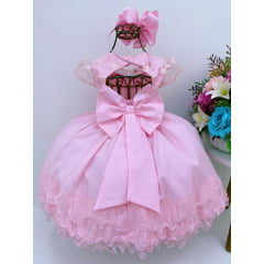 Vestido Infantil Rosa Renda Babados Cinto Strass Luxo