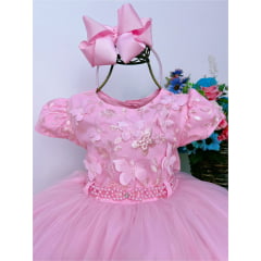 Vestido Infantil Rosa Renda C/ Aplique de Borboleta Pérolas