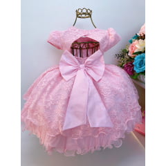 Vestido Infantil Rosa Renda Realeza Cinto Strass Luxo