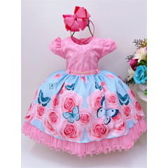 Vestido Infantil Rosa Saia Floral Cinto de Pérolas e Aplique