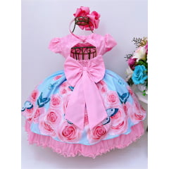 Vestido Infantil Rosa Saia Floral Cinto de Pérolas e Aplique