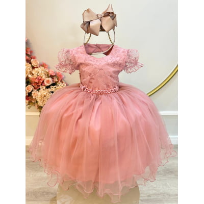Vestido Infantil Rose Busto Com Renda e Strass Daminhas