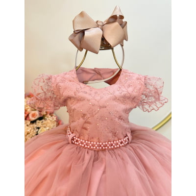 Vestido Infantil Rose Busto Com Renda e Strass Daminhas
