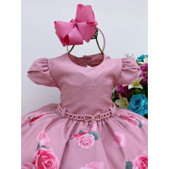 Vestido Infantil Rosê C/ Rosas Cinto de Pérolas Strass Luxo