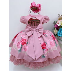 Vestido Infantil Rosê C/ Rosas Cinto de Pérolas Strass Luxo