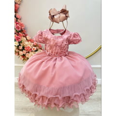 Vestido Infantil Rose e Saia Babados Busto C/ Renda Luxo