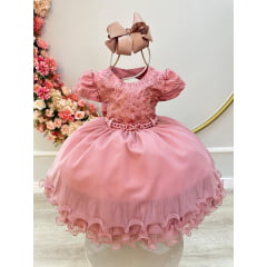 Vestido Infantil Rose e Saia Com Babados e Renda Luxo