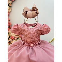 Vestido Infantil Rose e Saia Com Babados e Renda Luxo