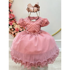 Vestido Infantil Rose Luxo Busto C/ Renda e Saia Com Babados