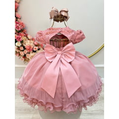 Vestido Infantil Rose Luxo Busto C/ Renda e Saia Com Babados