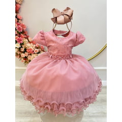 Vestido Infantil Rose Luxo Busto Com Renda e Saia C/ Babados