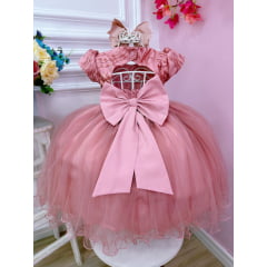 Vestido Infantil Rose Busto Cinto com Strass de Renda