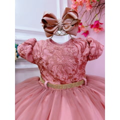 Vestido Infantil Rose Busto Cinto com Strass de Renda