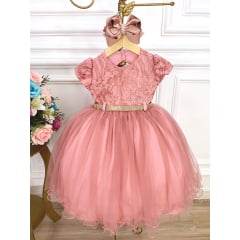 Vestido Infantil Rose Busto Cinto com Strass de Renda