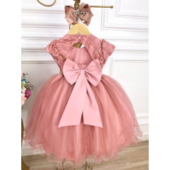 Vestido Infantil Rose Busto Cinto com Strass de Renda