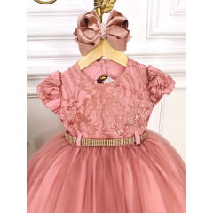 Vestido Infantil Rose Busto Cinto com Strass de Renda