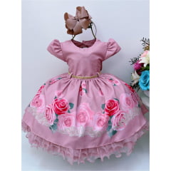 Vestido Infantil Rosê Rosas Cinto de Pérolas Strass Luxo