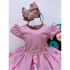 Vestido Infantil Rosê Rosas Cinto de Pérolas Strass Luxo