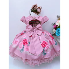 Vestido Infantil Rosê Rosas Cinto de Pérolas Strass Luxo