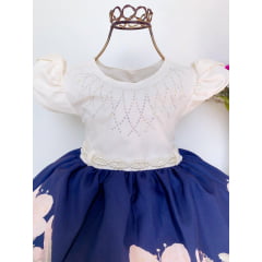 Vestido Infantil Saia Azul Floral Peito OFF com Strass Luxo