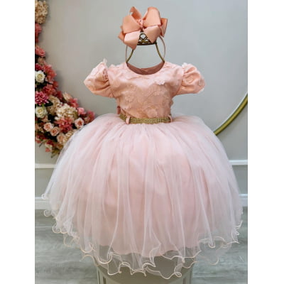 Vestido Infantil Salmão Bordado e Apliques de Flores Pérolas